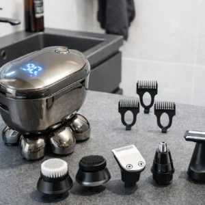 Rasoir Skullpro posé sur un comptoir en ardoise dans une salle de bain moderne.