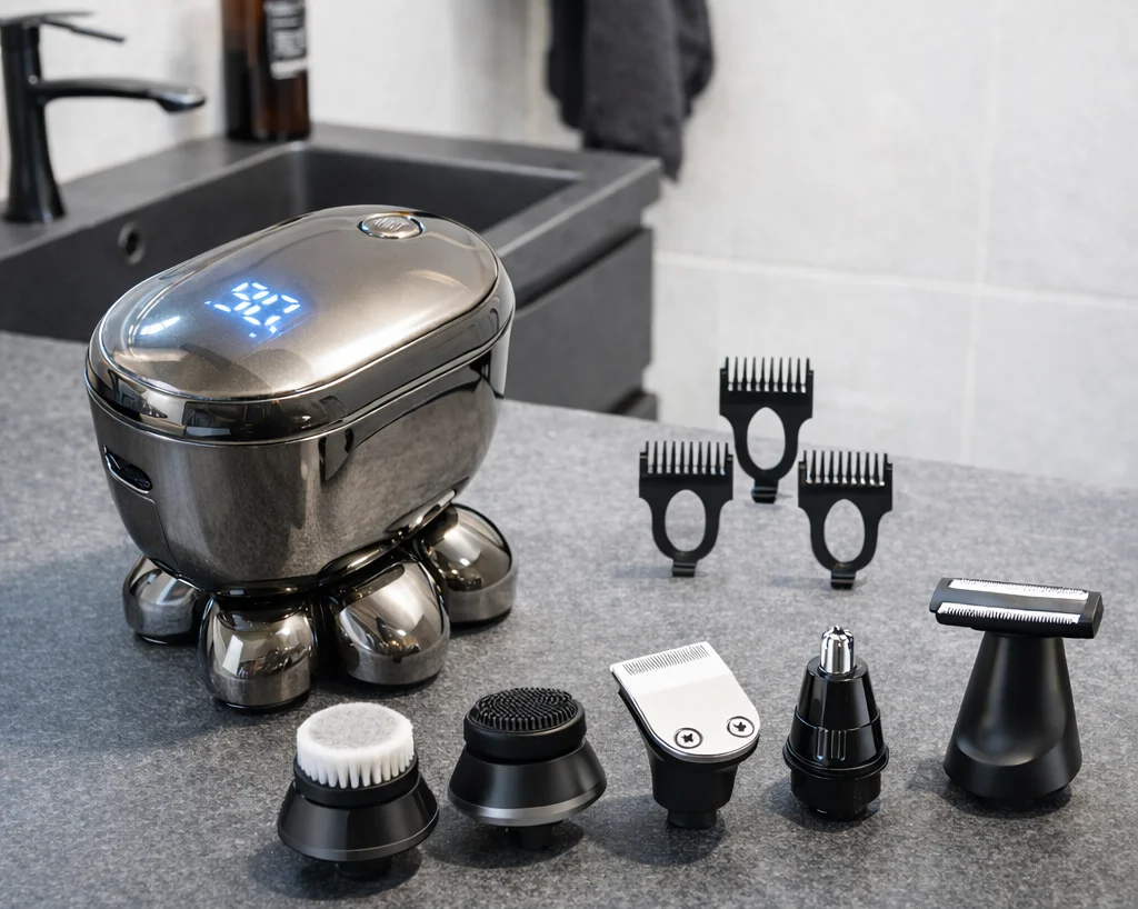 Rasoir Skullpro posé sur un comptoir en ardoise dans une salle de bain moderne.